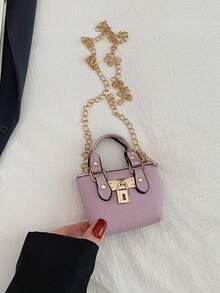 女士时尚迷你手提包，新款时尚轻便迷你托特包，金属链条单肩斜挎包 - 紫丁香色 - 查看 3