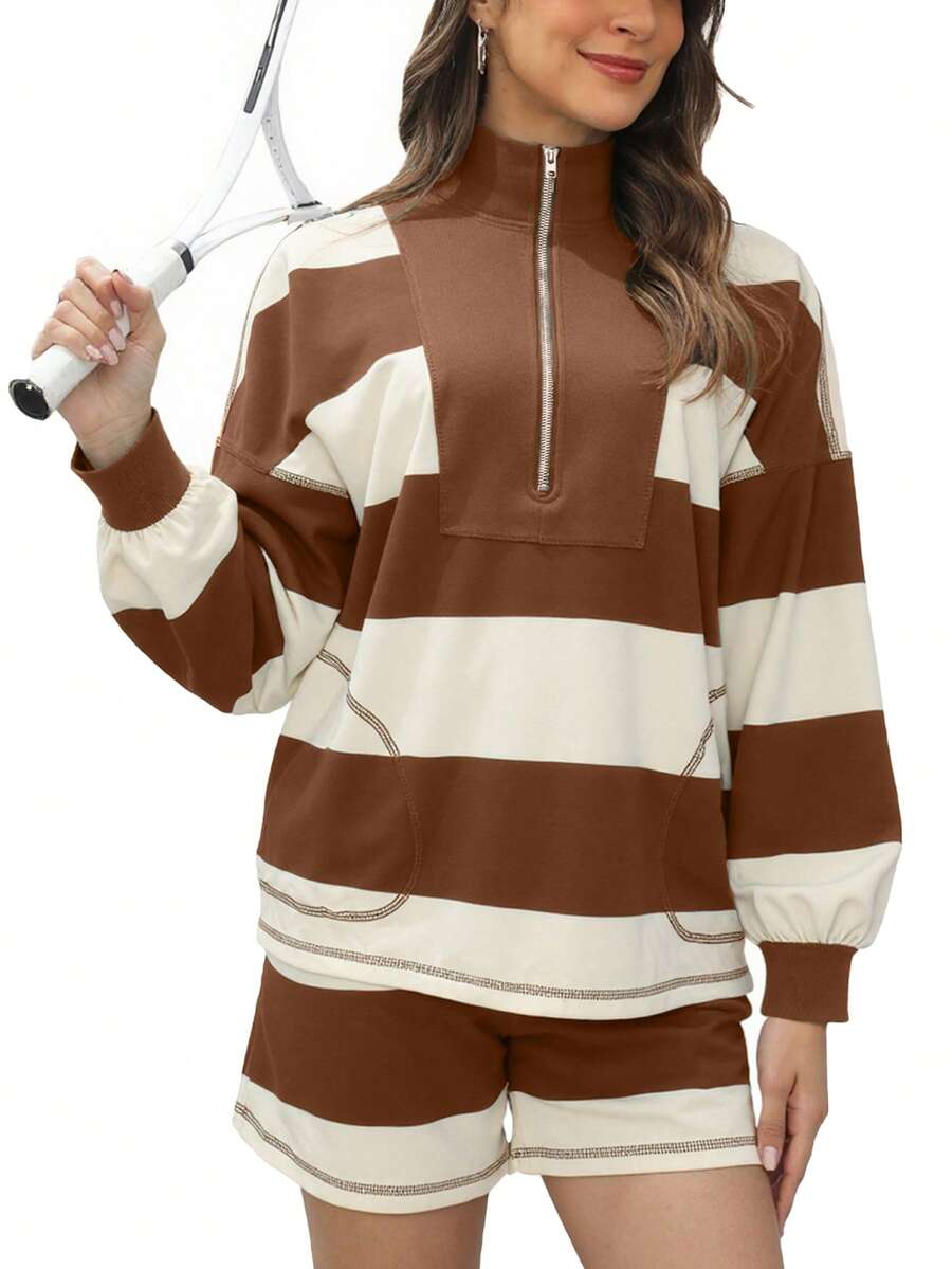 Women's Striped Tracksuit Set, Oversized Two Piece Workout Outfit With Pockets, Lounge Shorts And Top Set | Casual Streetwear, Gym Yoga Fashion - 棕色 - 查看 1