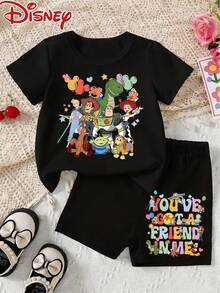 Baby's Short-Sleeved Shirt And Shorts Set, 2-Piece, Disney Toy Story Characters Group Photo Pattern Printed, White Upper Garment. Cute, Comfortable, Breathable, And Skin-Friendly For Children. Summer T-Shirt As A Base Layer For Pullover Shirts, Sportswear And Sports Suits,Ropa De Bebe Recien Nacido - 黑色 - 查看 2
