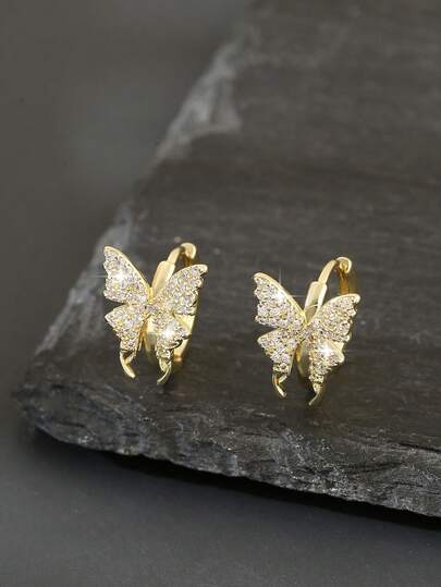 1 Pair Luxury Copper Zirconia Butterfly Geometric Round Hoop Earrings, Sweet & Fashionable Gift For Women, Suitable For Dates And Valentine's Day