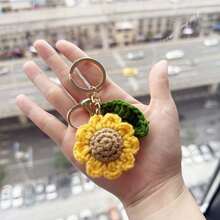 1个手工钩织向日葵钥匙扣，可爱针织钥匙圈，适合女性和女孩，可作背包或钱包挂饰，也可作汽车后视镜挂件，柔软纱线向日葵吊坠，生日、节日、周年纪念日的甜蜜礼物 - 向日葵吊墜B - 查看 3