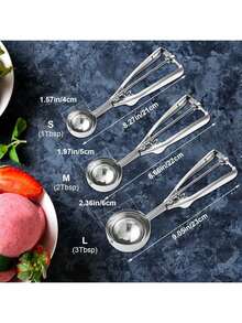 1/3pcs Ice Cream Scoop, Premium Cookie Scoop Set, Small/Medium/Large Stainless Steel Spoons, Professional Ice Cream Scoop With Trigger Release Mechanism, Suitable For Baking, Cookies, Fruits And Ice Cream - Multicolor - View 3