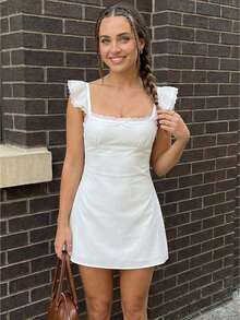 Women's Summer Lace Trimmed Dress Elegant Solid Color Sleeveless Square Neck Mini Dress For Party Date Night Wear - 白色 - 查看 1