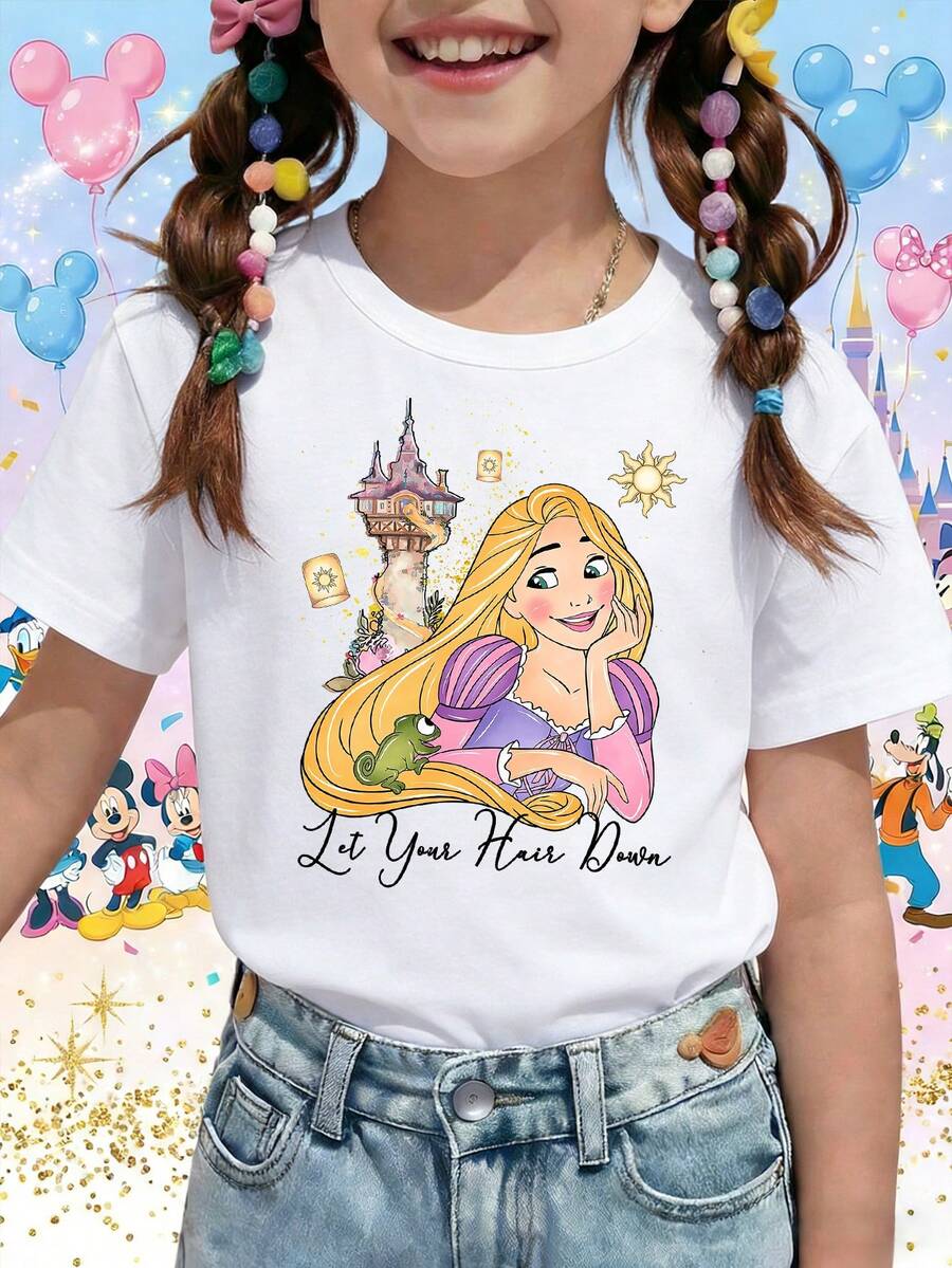 Disney Lilo And Stitch Valentine Love Heart Faux Crochet Texture Printed Pattern T-Shirts For Girls - Children's Clothing Design Short-Sleeved Casual And Cute Style Comfortable And Casual Wear All Year Round Suitable For Parties And Play Machine Washable Gift Children's Clothing Girls' Short-Sleeved Shirts - White - View 1