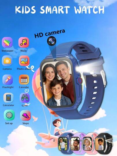 最佳儿童礼物，300mAh，2025新款儿童智能手表，儿童游戏手表，18款趣味游戏，1.83英寸触摸屏，超低功耗芯片，计步器，摄像头，手电筒，闹钟，相册，日历，计时器，计算器，秒表，照明