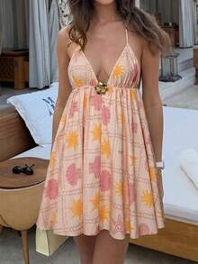 Vestido de tirantes finos casual de verano, vestido corto de línea A con estampado de elementos oceánicos y hebilla metálica para mujer, adecuado para vacaciones, playa y fiestas elegantes - Multicolor - Ver 2