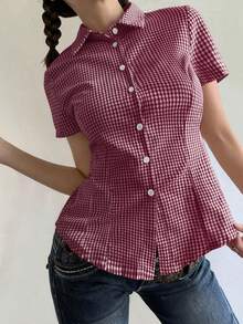 Áo sơ mi ngắn tay cổ bẻ ôm sát người bằng cotton, cài nút, kiểu dáng preppy màu tím kẻ caro, phong cách Y2K nữ tính, thích hợp cho mùa tựu trường. - Màu đỏ tím - Xem 10