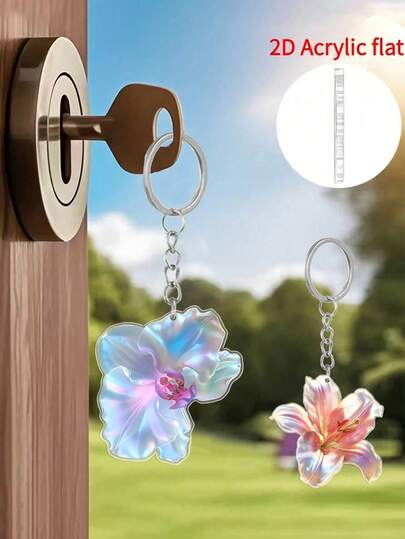 2d Flat Floral Acrylic Keychain Features A Delicate Pearlescent Orchid And Lily Pattern. A Personalized Acrylic Ornament And Unique Easter-Themed Decoration, It's The Perfect Gift For Decorating Enthusiasts. Ideal For Home And Holiday Occasions, It's Suitable For Spring/Wedding/Celebration Events, Proposal/Engagement Themed Parties, And Can Also Be Used As A Car Rearview Mirror Ornament, Phone And Key Accessory, Or Backpack Charm, Offering Diverse Decorative And Functional Uses.