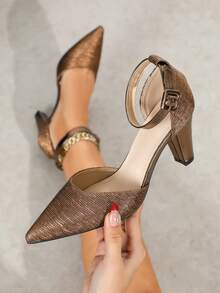 女士绿色尖头粗跟镂空单带露趾凉鞋 - 銅色 - 查看 1