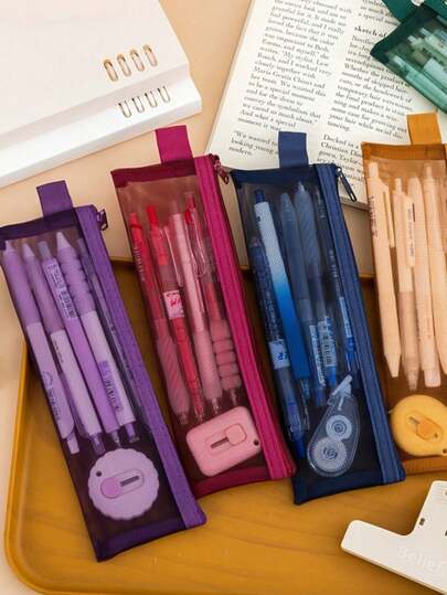 5件套便携耐用尼龙网眼化妆刷收纳袋，多种颜色可选，透明可视，大容量口红收纳袋，多功能收纳袋，适合学校、办公室和旅行必备。