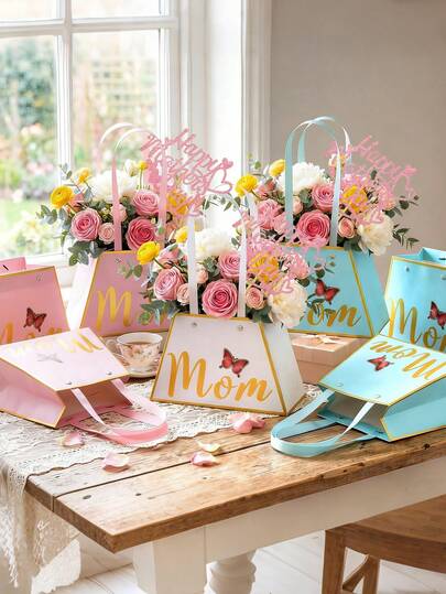 3pcs Mother's Day Flower Gift Bags With Handles Butterfly Pattern Paper Gift Bags Bouquet Boxes With Decoration Topper Best Mom Flower Boxes For Arrangements Mother's Day Gift Birthday Anniversary Party Decorations