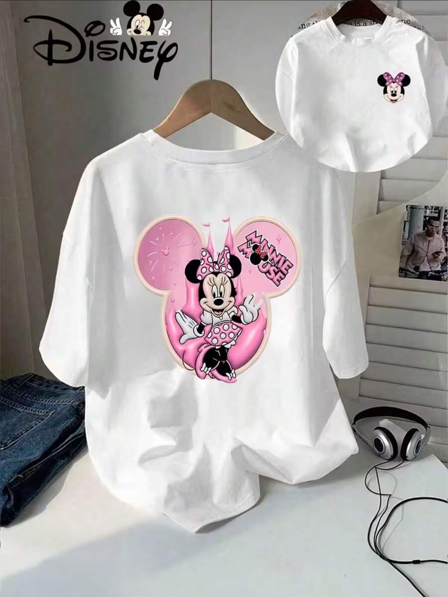 Authorized By Disney, Disney Minnie Mouse Cartoon Prints Disney's New Short-Sleeved T-Shirt In Summer, Which Combines Leisure Fashion With Elegance Perfectly, And Is A Gift For Disney Fans. - White - View 1