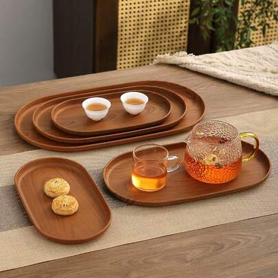 1pc Wood Grain Oval Plastic Tray, Household Dining Plate For Water Cup, Jewelry, Afternoon Tea, Cafe, Dessert