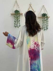 1 pieza Vestido-Cárdigan elegante de mujer con mangas y espalda de diseño de parches multicolor y estampado colorido de estilo árabe, adecuado para uso diario, festivo y de viaje, color blanco - Blanco - Ver 7