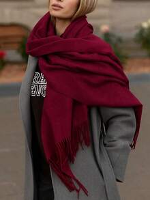 Plain Thick Winter Pashmina Scarf 250g With Fringe, Unisex, Soft And Warm - Burgundy - View 5