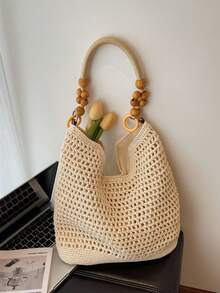 Red Woven Bag With Elegant Niche Crochet Cotton Yarn Straw Bag, New Large Capacity Underarm Bag, Vacation Style Women Handbag - Beige - View 12