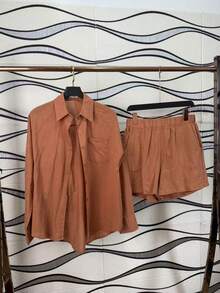 Two-Piece Linen Shirt And Shorts Set, Lined With Elastic. Summer Vacation: Perfect For Celebrating Christmas, New Year's Eve And New Year In Brazil! - Màu Cam cháy - Xem 5