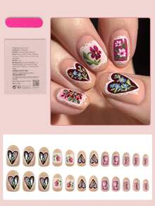24片方形浮雕美甲贴纸，复古花框和心形图案，闪亮人造指甲，手绘花朵设计，适合女性日常佩戴和派对场合 - 彩色 - 查看 2