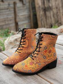 Botas occidentales de media pantorrilla bordadas para mujer, botas de moda de cuero sintético, calzado para mujer - Amarillo - Ver 4