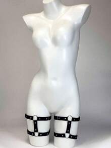1 Set Women's Black Leather Bondage Outfit, Waist & Thigh Binding Body Straps, Sexy Style - Black - View 3