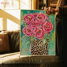 1 pieza de obra de arte de rosas rosas con un jarrón de leopardo: un diseño floral vibrante y colorido, perfecto para decoración con efecto dopamina. Esta pintura sobre lienzo sirve como decoración para el hogar y viene - negro - Ver 7