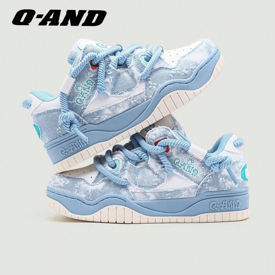 Q-AND Denim & Canvas Sneakers, New Autumn Breathable Unisex Casual Thick Sole Shoes For Students
