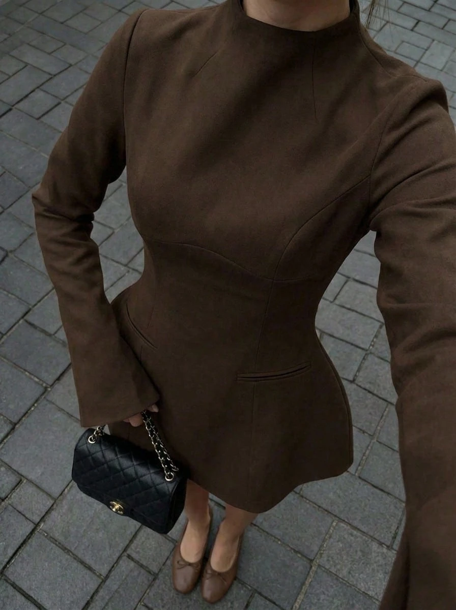Buzzelle 优雅基础款商务通勤西装裙，收腰露背长袖连衣裙派对装 - 棕色 - 查看 1