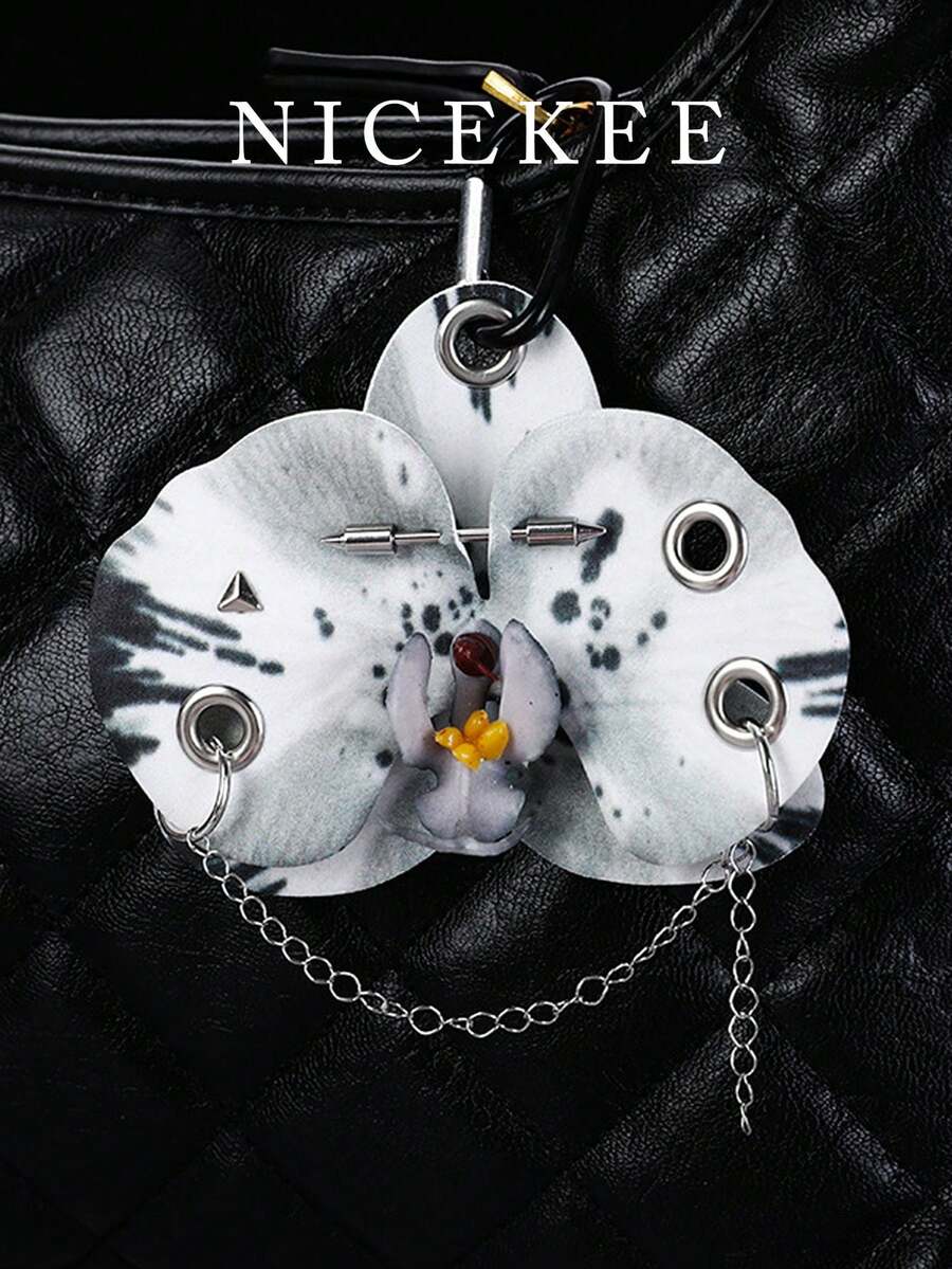 新款百合花钥匙扣，百搭手机挂饰，小众简约时尚休闲包包挂件，铆钉点缀，精致汽车钥匙链配件，适合日常搭配和送礼，可爱度假必备包包配件 - 彩色 - 查看 1