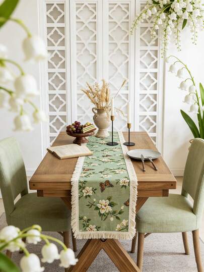 1 件春夏蝴蝶花卉提花桌旗，长方形，可水洗，适用于咖啡桌、电视柜、餐边柜装饰，也适用于厨房、餐厅、晚宴、野餐、露营、节日、户外装饰。