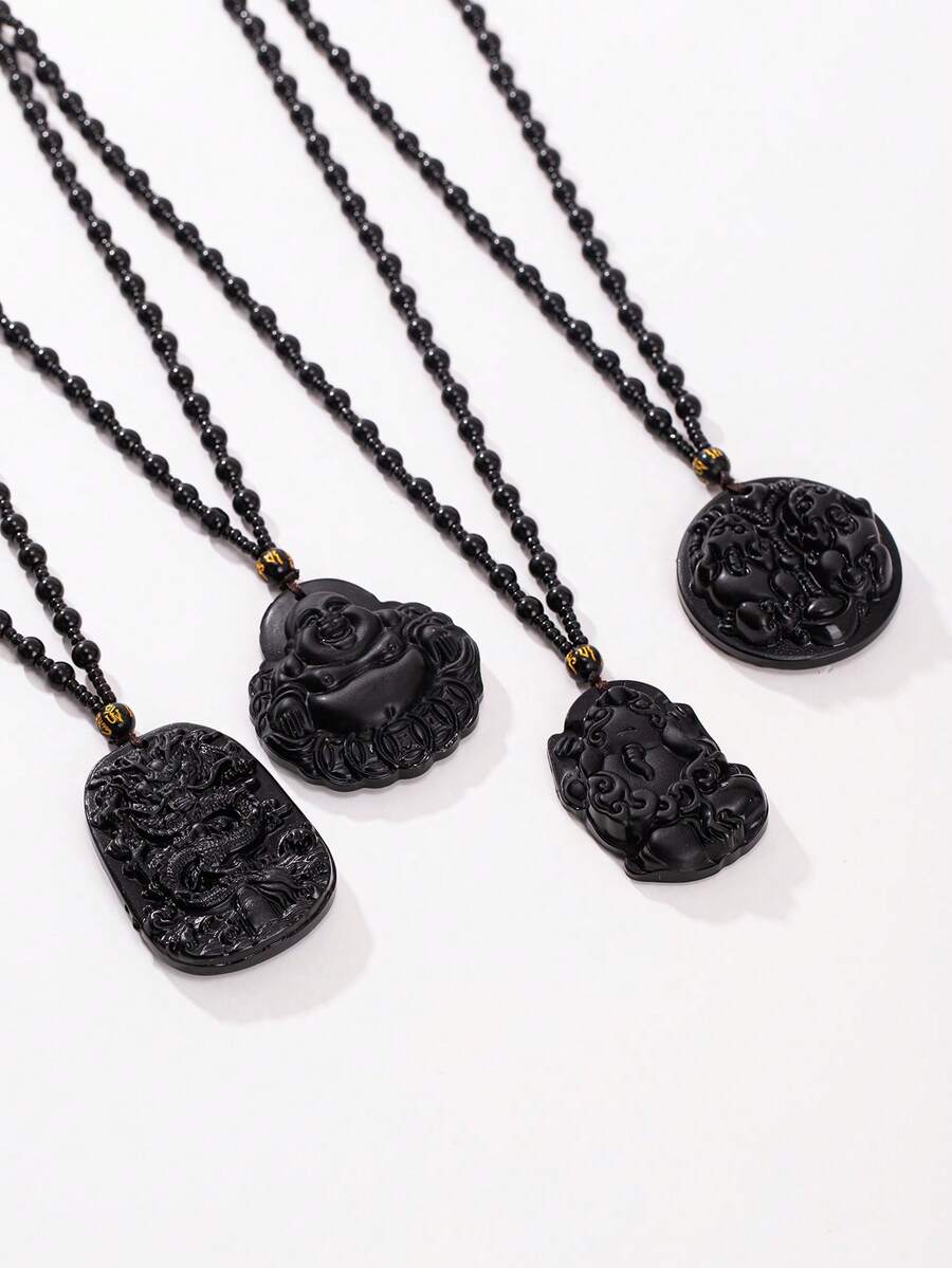 1pc Chinese Style Obsidian Dragon & Pixiu Pendant Necklace - Multicolor - View 1