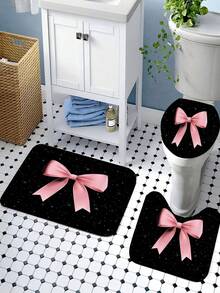 1/4pcs Pink Ribbon Bow Pattern Bathroom Set, Including Shower Curtain, Bath Mat, Toilet Lid Cover, And U-Shaped Mat - A - View 8
