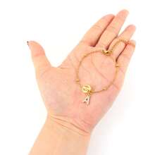 1pc New Classic Round Birthstone MOM Initial Golden Stainless Steel Bead Chain Bracelet For Women - Yellow Gold - View 3
