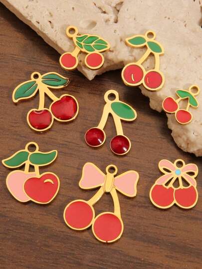 2Pcs/Lot 18K Vacuum Gold Plated Stainless Steel Colorful Fruit Cherries Charm Pendants Cute Enamel Cherry Charms For DIY Jewelry Making Supplies Earrings Bracelets Necklaces Accessories Findings