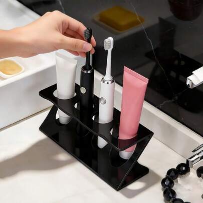 1pc Bathroom Countertop Toothbrush Holder, Available In White And Black, Multi-Functional Household Bathroom Accessory, Travel Toothbrush Stand And Desktop Organizer