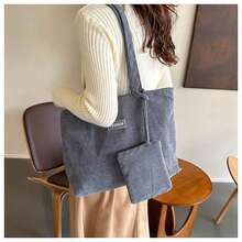 2pcs/Set Large Capacity Corduroy Tote Bag Set, Light Gray/Pale Blue/Caramel Brown, Retro Vertical Stripe, Casual Shoulder Bag And Handbag, Open Top, Big Size, Multi-Pocket, Daily Commute, School, Shopping, Short Trip, Soft Durable Corduroy, Comes With Coin Purse, Fits 13-Inch Laptop, Korean Ins Style, All Season, Fashionable & Practical Women Tote Bag, Student, Office Worker - Multicolor - View 4