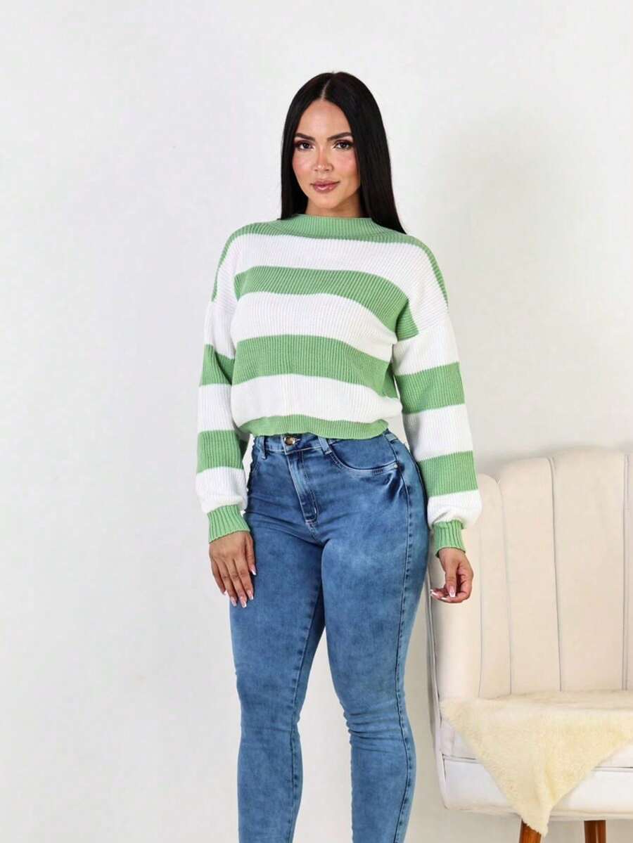 Women's Striped High Neck Knit Sweater, Winter Blouse - 綠色 - 查看 1