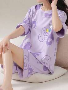 AICJ Casual Minimalist Cartoon Rabbit Print Round Neck Short Sleeve Top And Shorts 2-Piece Pajama Set, Suitable For Spring/Summer, Mother's Day, Valentine's Day, New Year Gift - Purple - View 4