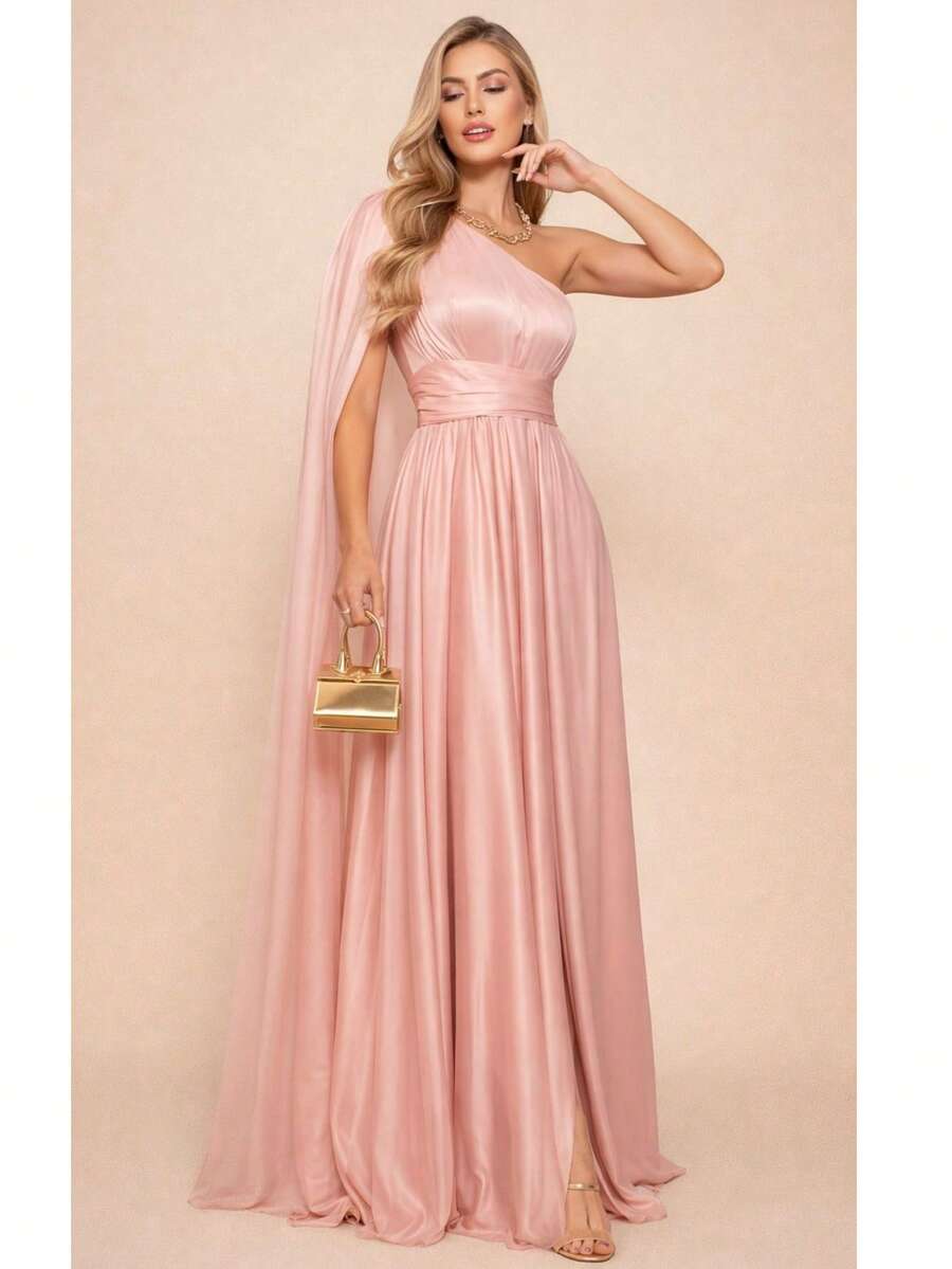 Long Party Dress With Sparkle, 1 Long Sleeve, Cape, Mother Of The Bride, Bridesmaids - 乾枯玫瑰色 - 查看 1
