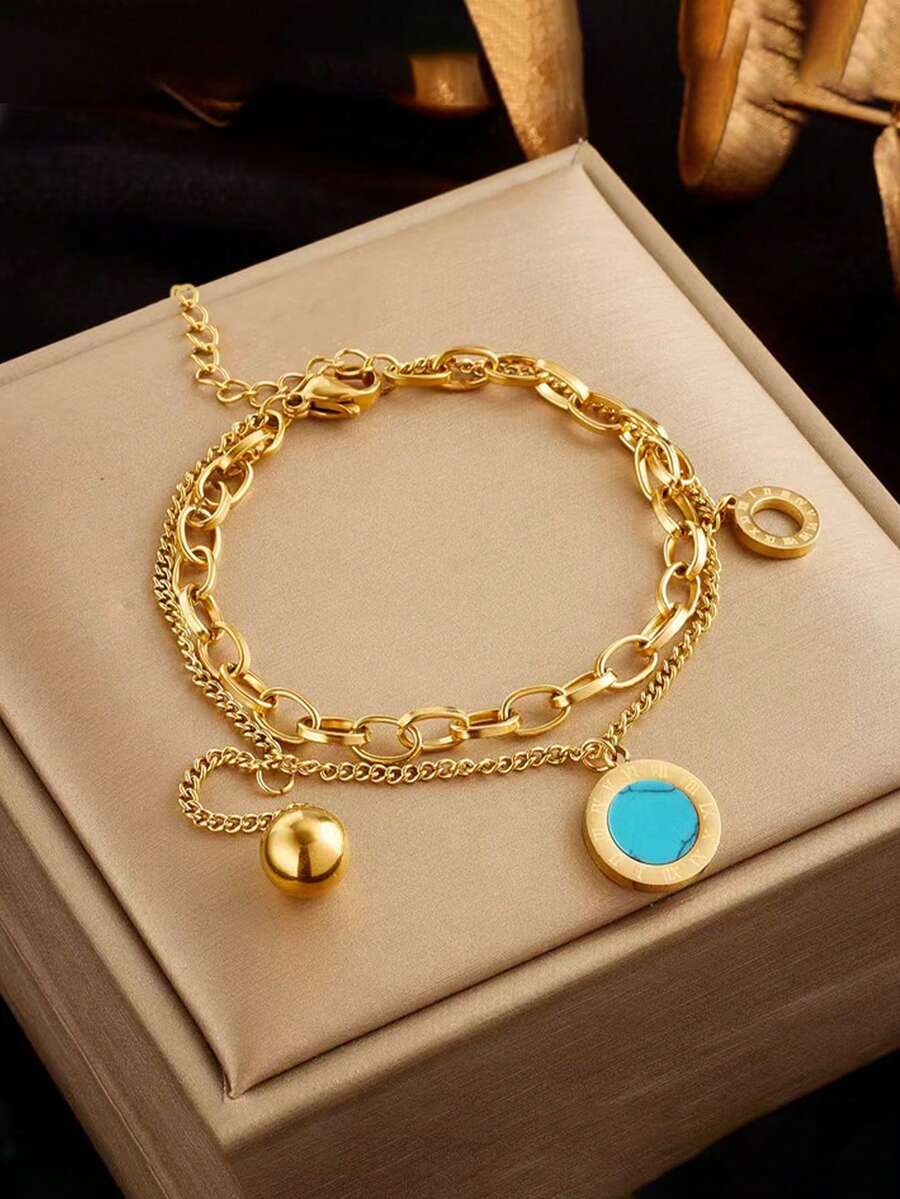 RAYQUEEN 1件优雅不锈钢手链，饰有罗马数字和绿松石镶嵌，百搭女士饰品，适合日常佩戴和派对场合，四季皆宜的配饰 - 金黃色 - 查看 1