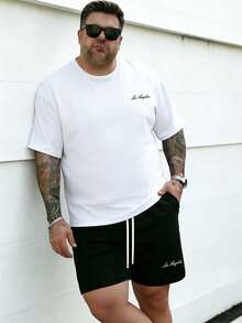 Plus Size Men's Simple Crew Neck Short Sleeve Top And Shorts Set, Casual Summer Outfit - Black and White - View 3