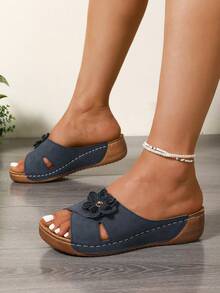 Sandal đế bằng nữ với họa tiết hoa 3D, đế dày, siêu nhẹ, sandal đế xuồng phong cách bohemian cho kỳ nghỉ và hoạt động ngoài trời. - Màu xanh hải quân - Xem 2
