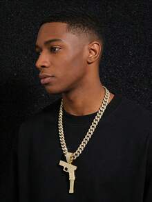 1件男士全镶钻嘻哈链项链，带枪形吊坠 - Style A - 查看 1