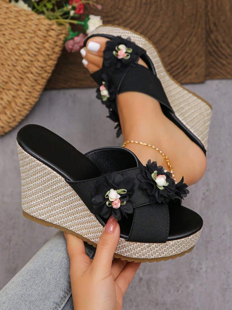 Fashionable Floral Wedge Platform Sandals, Summer Goddess Style Floral Waterproof High Heel Slip-On Slippers - Black - View 1