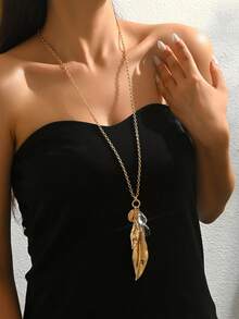 1件时尚金属简约创意金属叶子吊坠Y形长项链，适合日常佩戴、派对和节日场合。 - 金黃色 - 查看 5