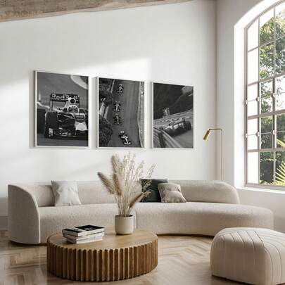 1/3幅现代黑白F1赛车主题墙画，F1赛车帆布印刷画|复古赛车装饰画，适用于男士专属空间、游戏室、卧室、客厅或办公室家居装饰，大奖赛赛车海报，送给他的礼物，不含画框