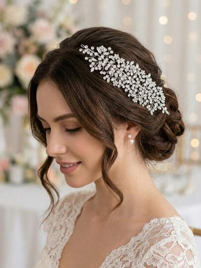 1pc Elegant Silver Rhinestone Hair Vine, Floral Crystal Bridal Hairpiece, Wedding Prom Party Hair Accessories For Women