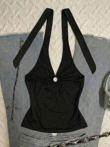 女士Y2K风格露背上衣 - 黑色，花卉印花，O形环细节，褶皱腰身，修身版型 - 黑色 - 查看 2