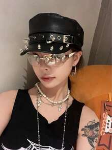 Unisex Couple Beret Hat, Suitable For All Seasons, Original Design, Rock Fashion, Leopard Print, Navy Blue Beret, Personalized Rivet Leather Buckle, Retro Leather Newsboy Cap, Metal Spider Decoration, Punk PU Leather Distressed Octagonal Cap - Butterfly - View 12