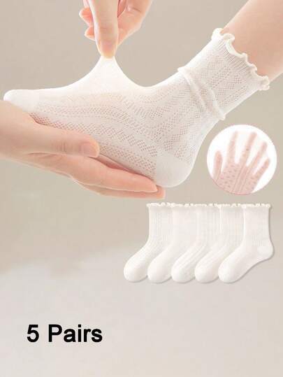 5 Pairs Girls' White Knee-High Socks, Thin Breathable Mesh Lace Trim Socks, Casual Minimalist Student Socks, Suitable For Spring/Summer Daily, Outdoor, Party Wear