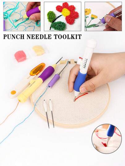 1 Set DIY Punch Needle Kit, Includes 1 Fixed Length Punch Needle, 1 Replaceable Punch Needle, And 1 Random Color Scissors With Cover